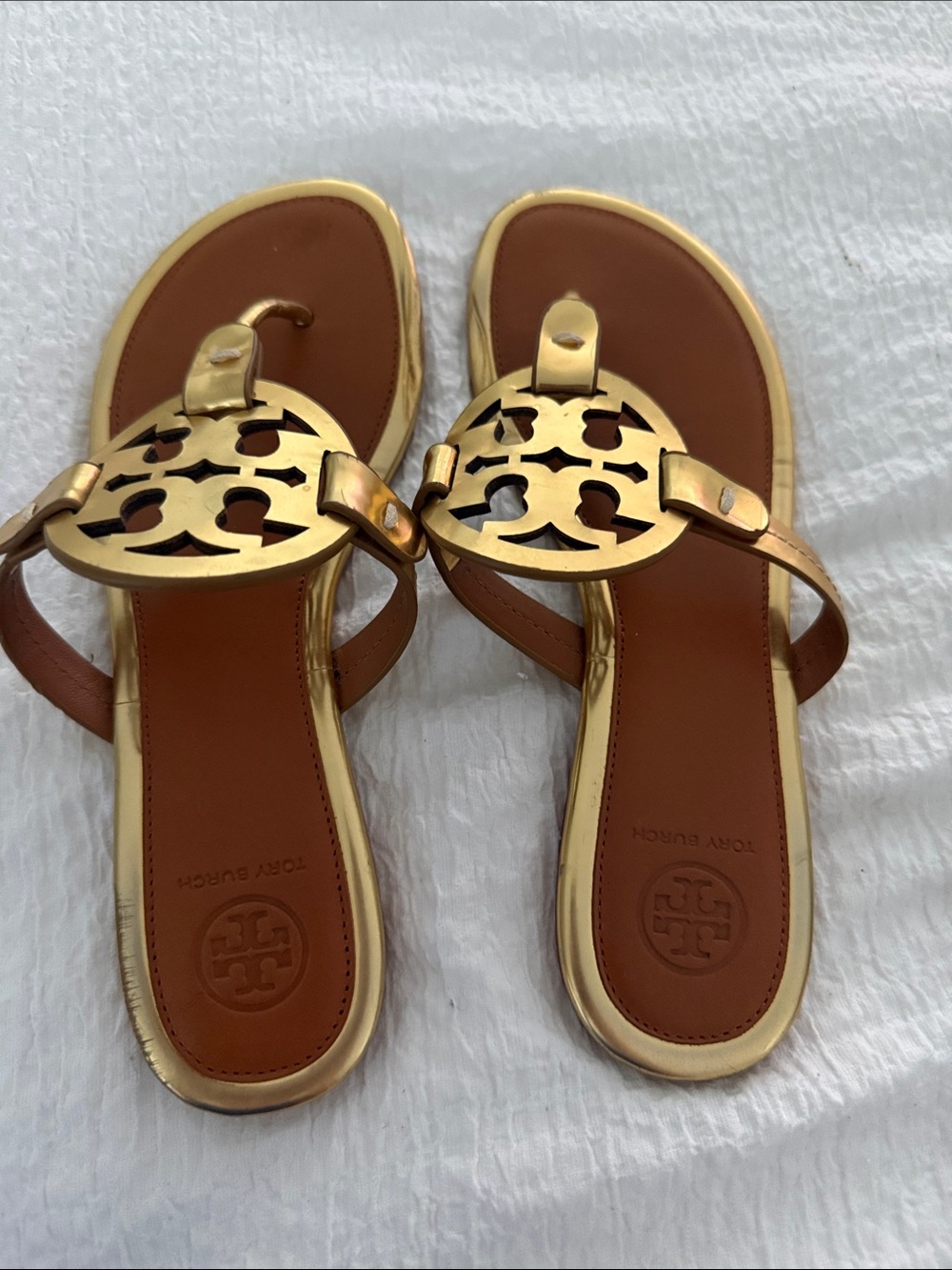 Tory Burch Gold and Brown Miller Thong Sandals